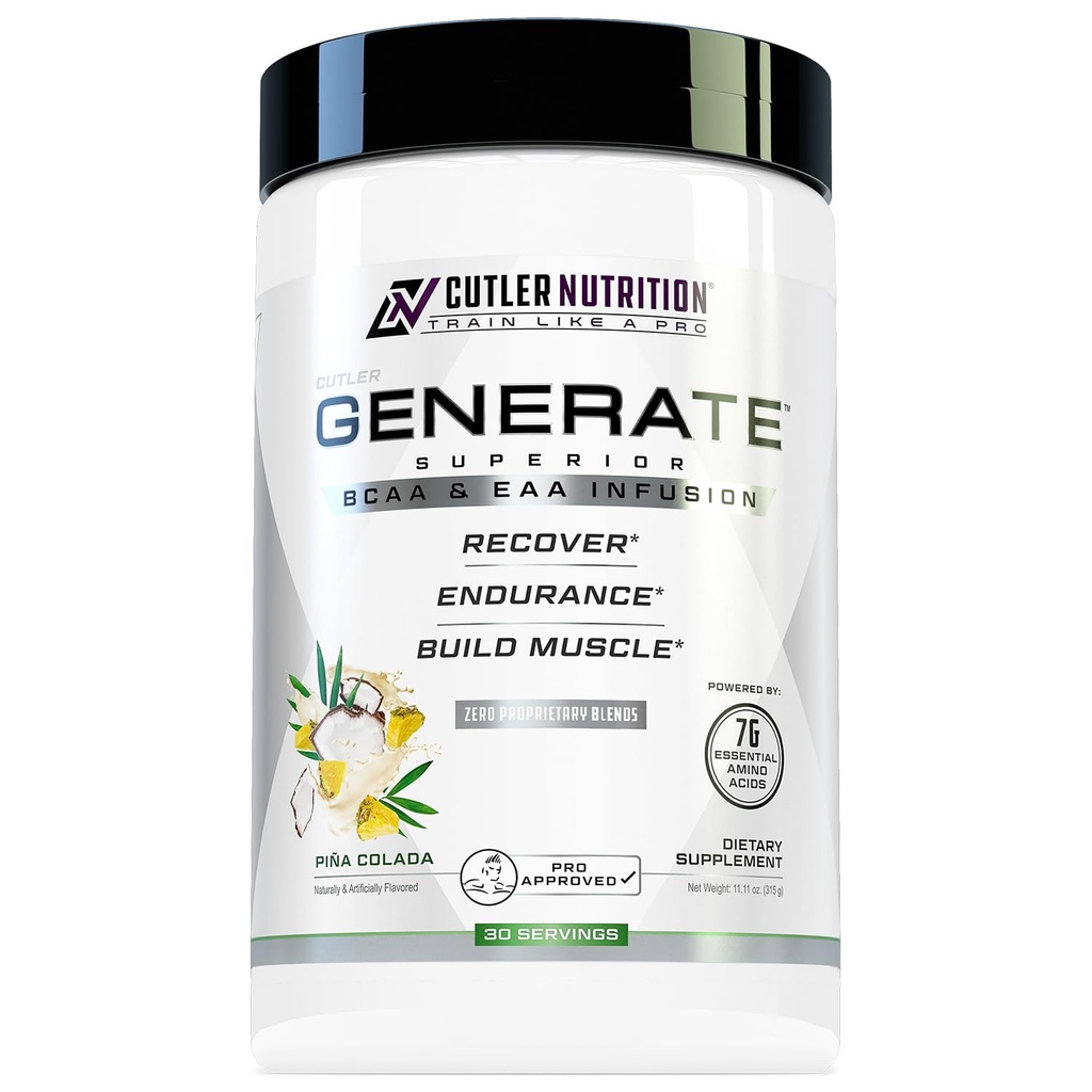 Cutler Nutrition Generate EAA and BCAA Powder: Best Branched Chain Amino Acids Supplementary with Essential Amino Acids, 5g BCAA, 2g EAA for Lean Muscle Mass BCAA 124; Pina Colada, 30 Serings