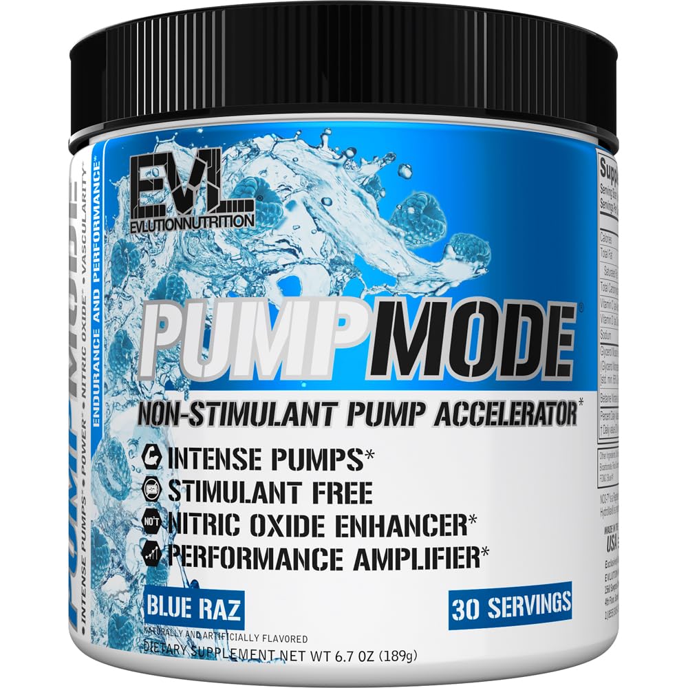 EVL PumpMode Nitric Oxide Supplement - Oxid dusný Booster Pump Pre Workout Powder with Glycerol and Betaine for Muscle Recovery Growth and Endurance - Stim zdarma Pre Workout Drink (Blue Raz)