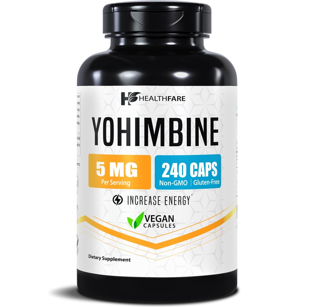 Healthfare Yohimbine HCL 5mg PHARMAD 124; 240 Vegan Capsules PHARMAD 124; Maximální síla Fáze 124; Vegan, Non- GMO, Gluten- Free PHARMAD 124; Made in the USA