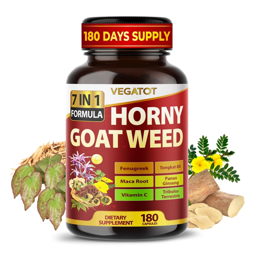 Horny Goat Weed 600 mg s Yohimbine, Tongkat Ali, Maca, Tribulus & Panax Ginseng - 8- in-1 Strength & Vitality Support - 180 Kapsle - Vegatot - Gluten- Free, Laboratoř ověřena