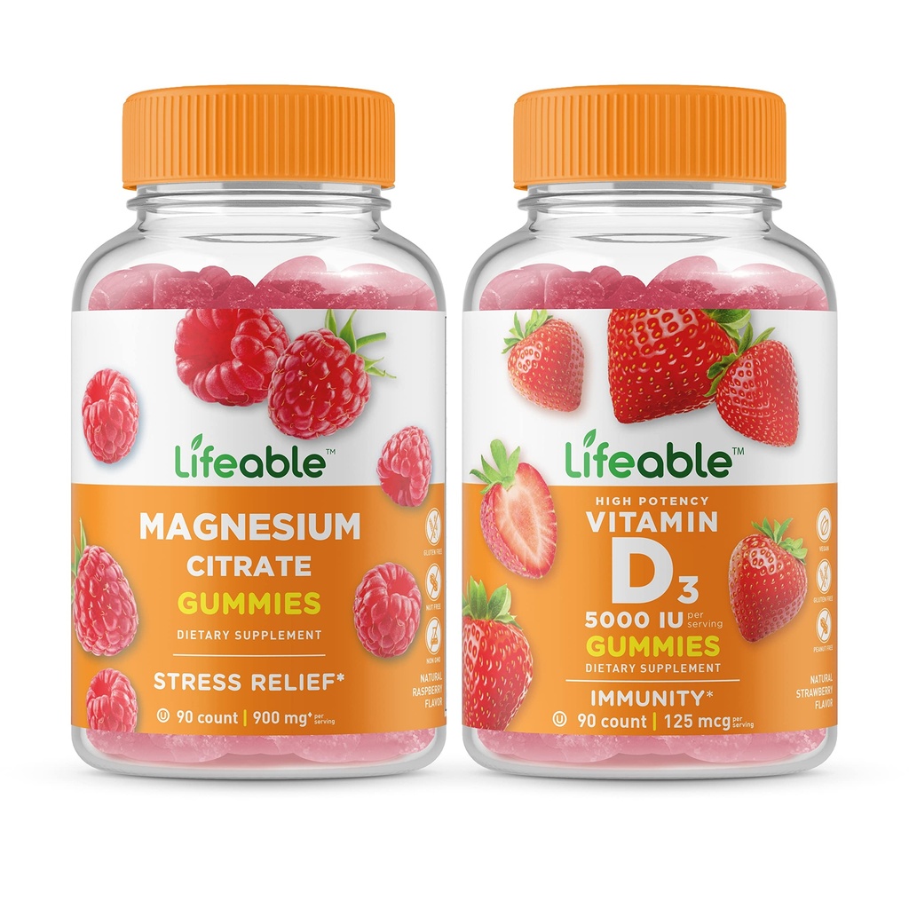 Lifeable Magnesium + Vitamin D 5000 IU, Gummies Bundle - Great Ochutnávání, Vitamin dodatek, Lepek zdarma, GMO zdarma, Žvýkací žlab