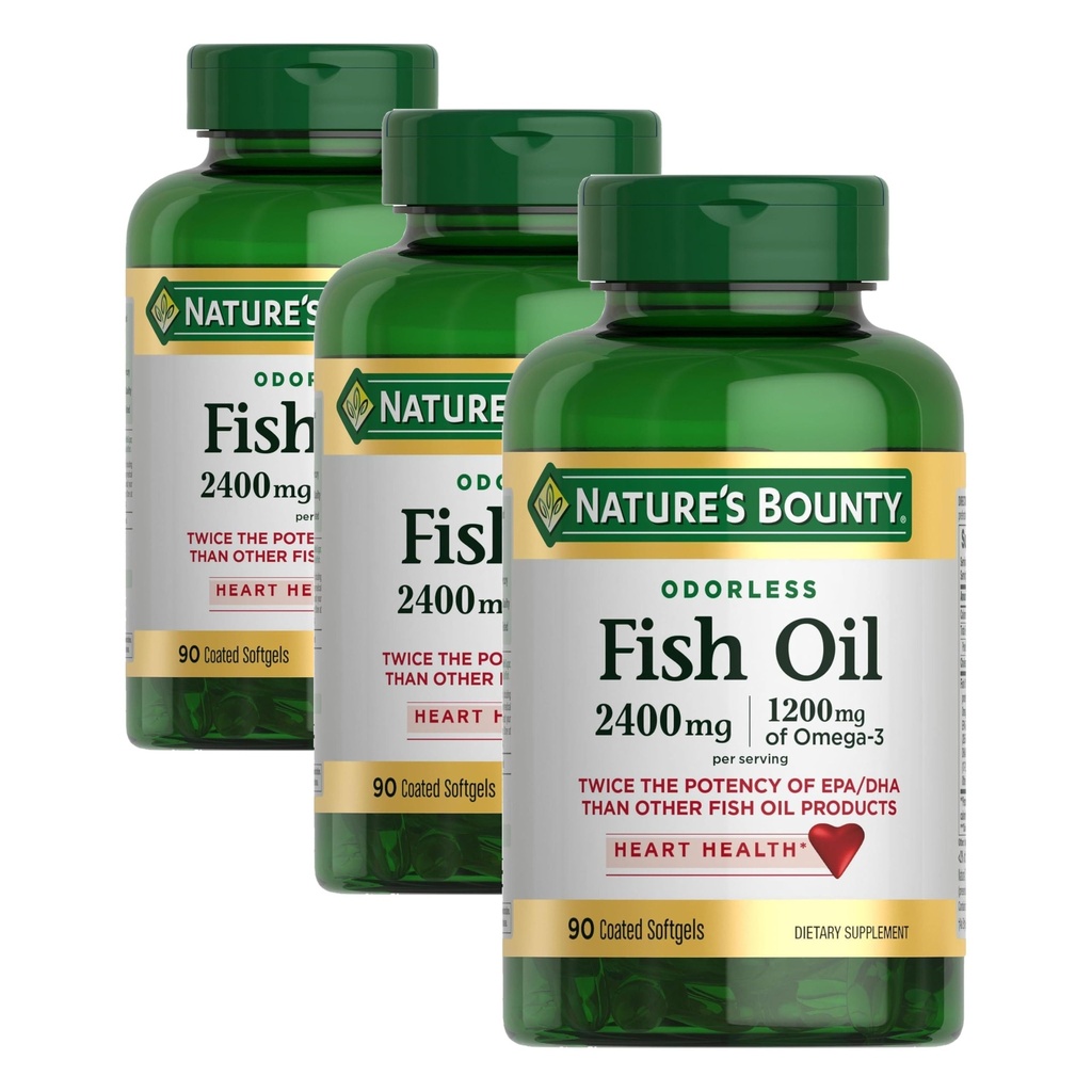 Příroda 's Bounty Odorless Fish Oil, 1200mg Omega33 per Serving including EPA & DHA, Podporuje srdce zdraví, Čištění k odstranění rtuti, obalené softbely, gluten zdarma, No Shellfish, 90 Count, (balení po 3)