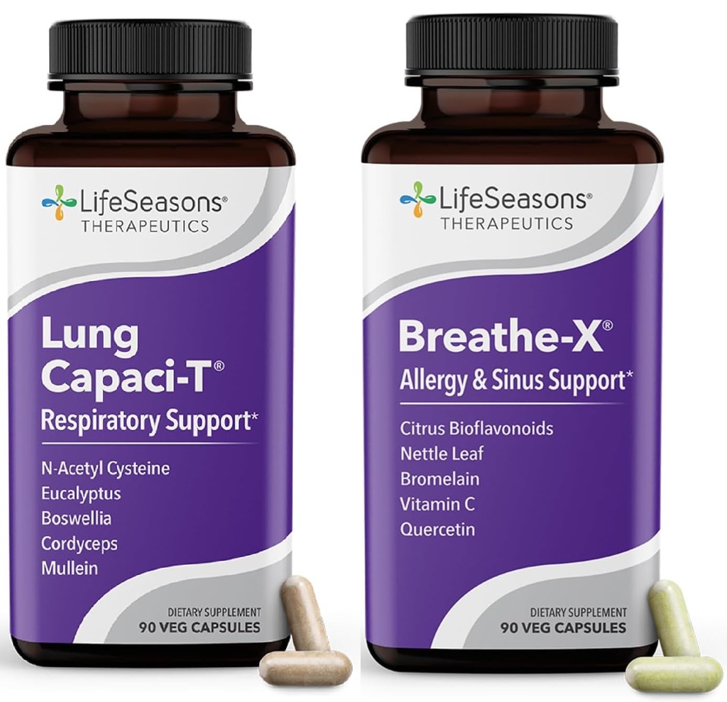 LifeSeasons Breathe-X s Lung Capaci-T - Alergie & Respirační podpora - Rychle působící sinusová úleva - Zvyšuje kapacitu kyslíku a snižuje Mucus - 180 Kapsle