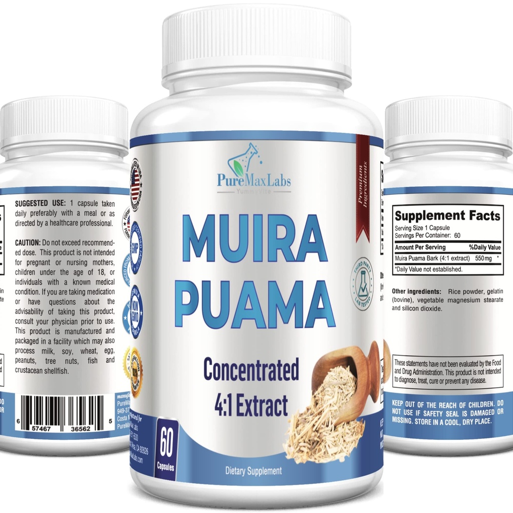 Muira Puama Kapsle - Koncentrovaný 4: 1 Extrakt, Ekvivalentní s 2200mg na kapsli, 60 Kapsle