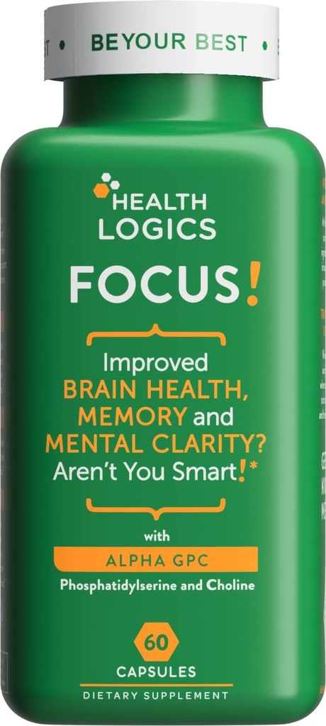 Zdravotní logika Focus! - Mozkový dodatek pro paměť, jasnost, koncentrace s Choline, Ginkgo Biloba, Alpha GPC, Fosfatidylserine, Bacopa Monnieri l 60 Kapsle l Non- GMO