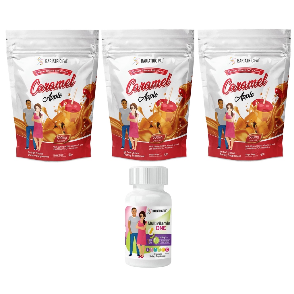 BariatricPal 90- Day Bariatric Vitamin Bundle (Multivitamin ONE 1 za den! Tobolka s 45 mg železa a vápníku Citrate Soft Chews 500 mg s probiotiky - Karamelové jablko)