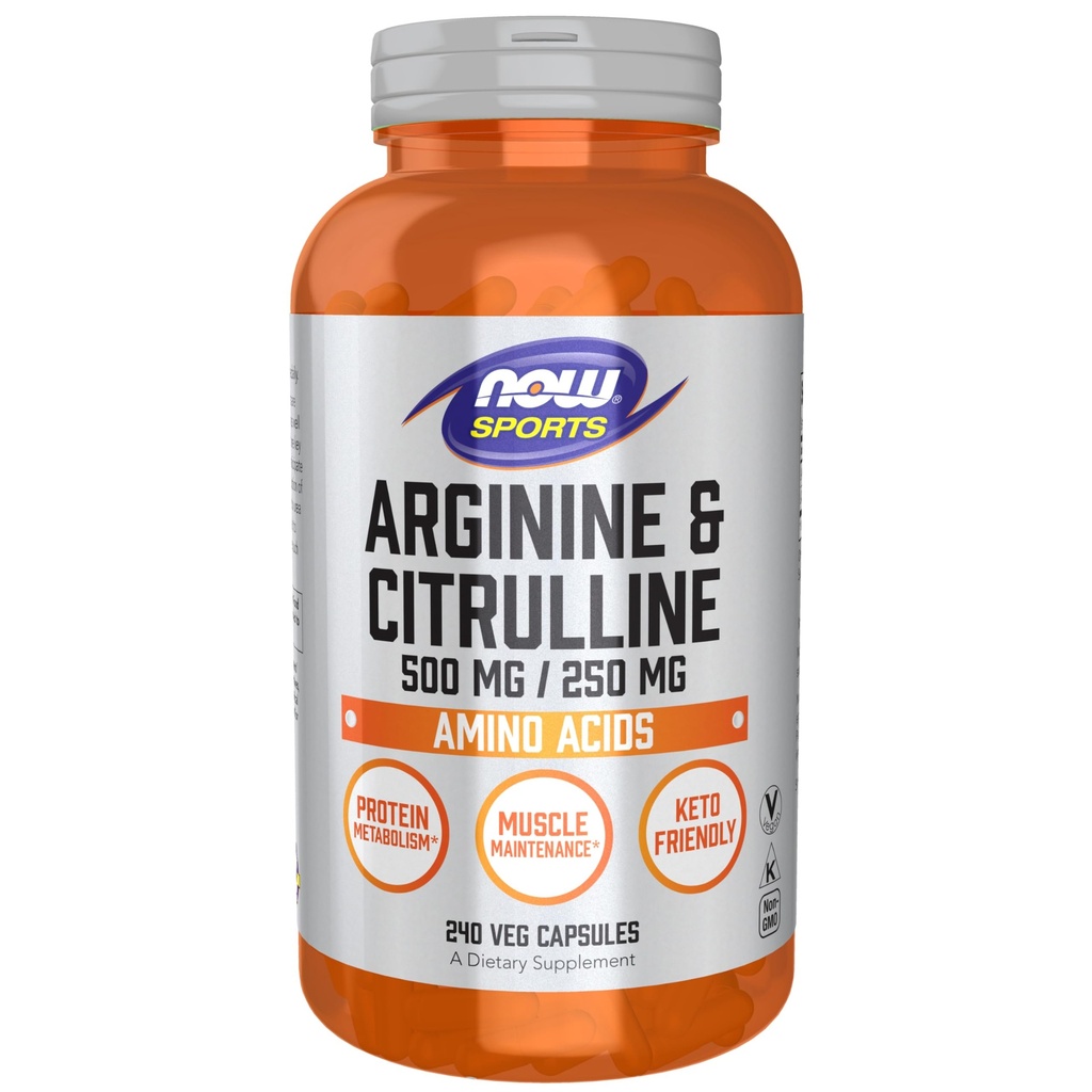 Nyní Sports Nutrition, Arginin & Citrulline 500 mg / 250 mg, aminokyseliny, 240 Veg Kapsle