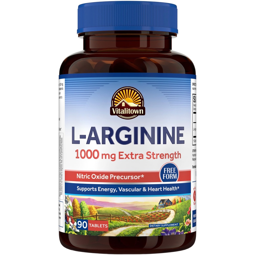 Vitalitown L- Arginin pro muže a ženy, 1000 mg, Nitric Oxide Booster doplňky, No Gluten, Non- GMO, Endurance, Cvičení, Podpora krevního toku, 90 Tablety
