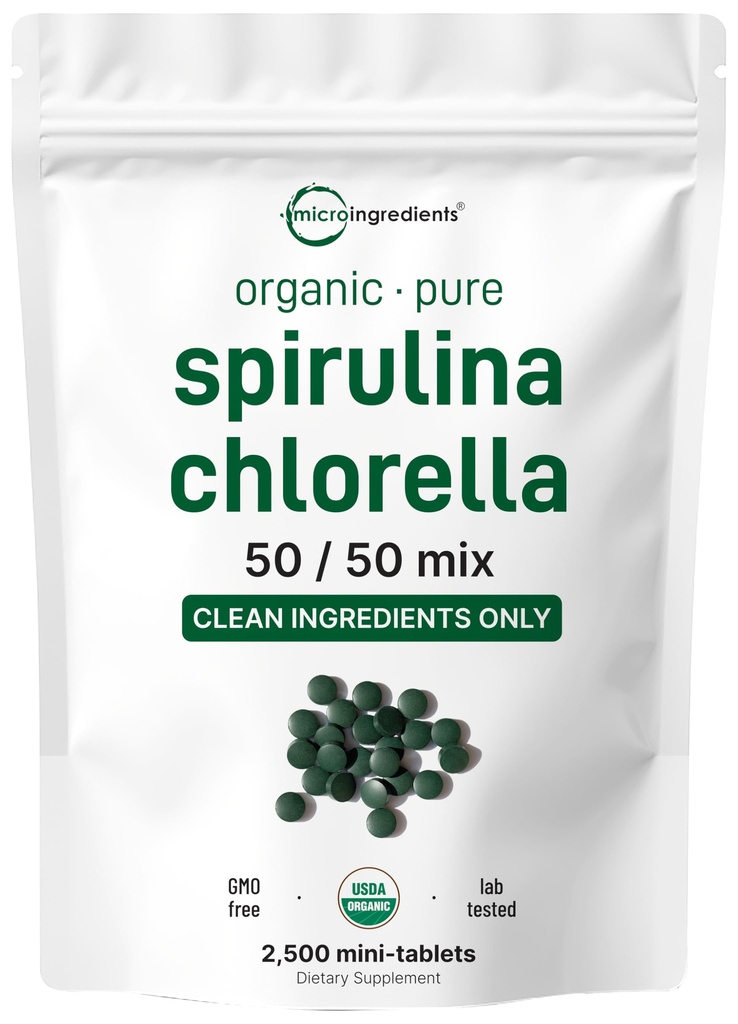 Mikro ingredience Organic Spirulina Chlorella Mini tablety, 2,500 Tablety (8 Měsíční dodávky)