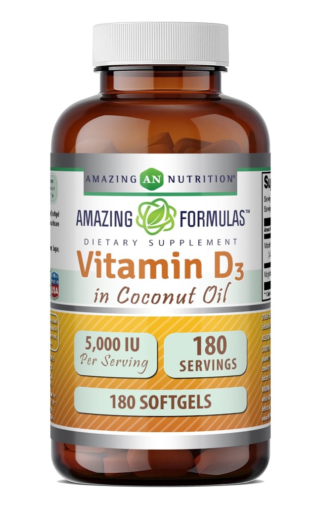 Úžasný vitamín D3 s doplňkem kokosového oleje CLAS124; 5000 IU per Serving CLAS124; 180 Softgels CLAS124; Non- GMO CLAS124; gluten Free CLAS124; Made in USA