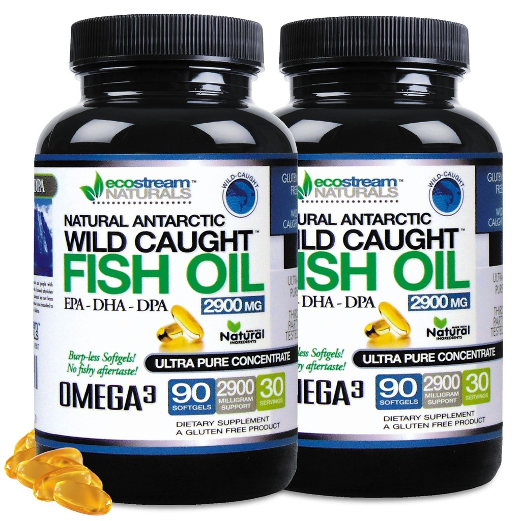(Balení po 2) Přírodní antarktická Wild chycen Omega 3 Rybí olej DPA-EPA-DHA Dodatek 2,900 Miligramy Triple Strengly Ultra čisté Koncentgely - Žádné ryby Ochutnávání Burps
