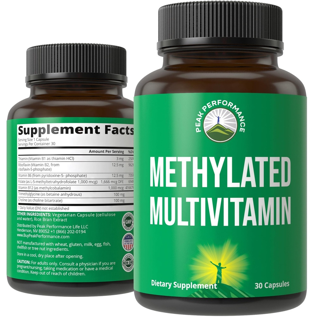 Metylovaný multivitamin + Metylovaný komplex B. S trimethylglycinem (TMG), L methylfolátem, methyl B12 + B1 + B2 + B6 vitaminy + Cholin. MTHFR dodatek pro ženy a muže. Veganské kapsle