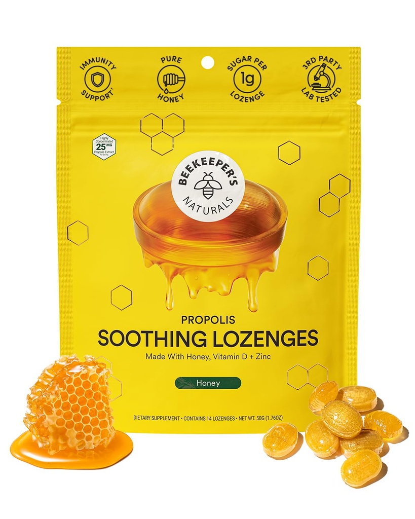 Soothing Honey Cough Drops - Imunitní podpora s vitamínem D, zinek a propolis - Beekeerovy naturaly - Krční Soothing Lozenges, 14 Ct