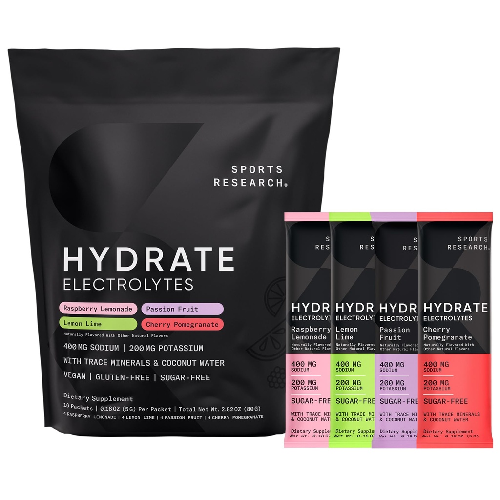 Sports Research ® Hydrate Electrolytes Powder Packets - Sugar- Free & Přirozeně ochucené vitamíny, minerály, a kokosová voda - Podporuje hydrataci - 16 Packets - Variety Pack