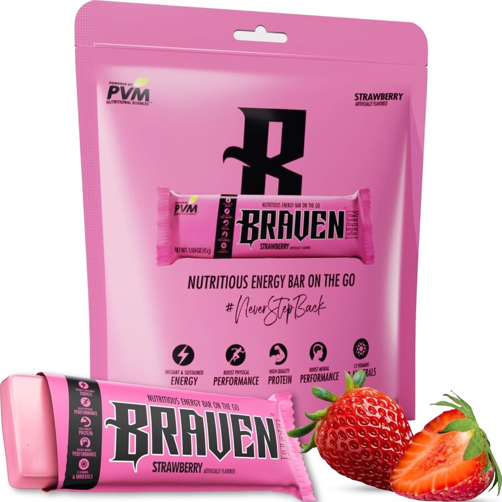 Braven Bar Strawberry Energy Bary (1.59 oz, Pack of 10) - Energy Chews Alternative with 5g Protein - On- the- -Go Snacks for running, Touking, and Sports - Gluten Free Snacks - Bary Protein