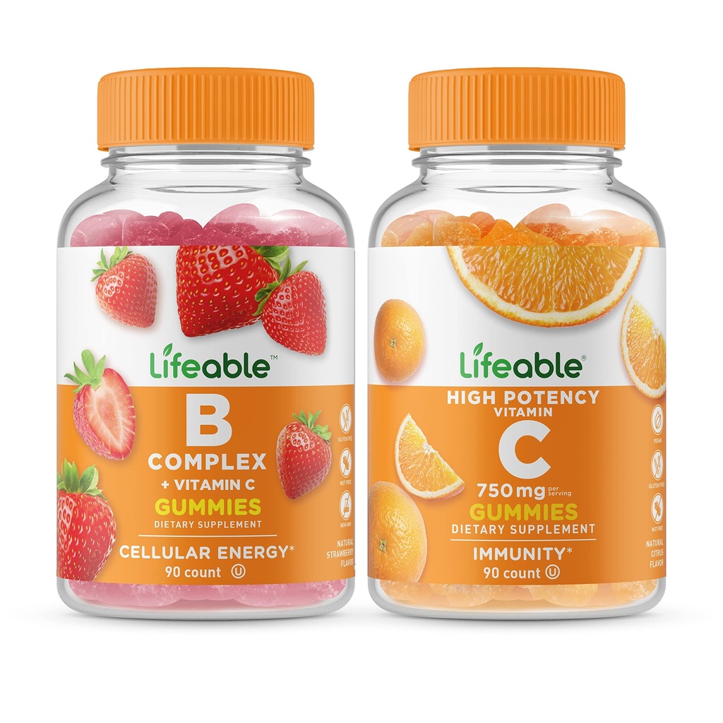 Lifeable B Complex + Vitamin C 750mg, Gummies Bundle - Velký Ochutnávání, Vitamin dodatek, Lepek zdarma, GMO zdarma, Žvýkací