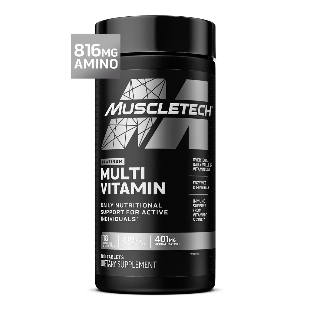 Muscletech Platinum Multivitamíny pro muže a ženy - Multi- Vitamin dodatek pro imunitní podporu - 18 Vitamíny & Minerály, Vitamin A C D E B6 B12 - Denní cvičení doplňky pro muže - 180 Kapsle
