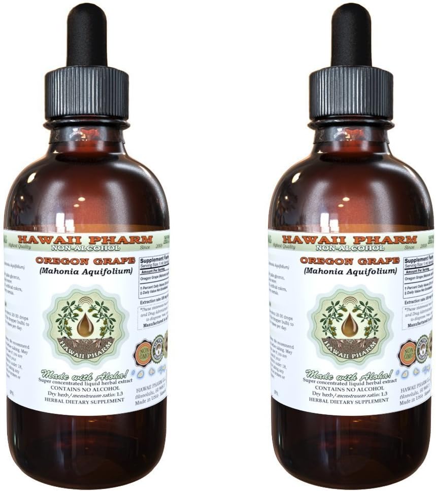 Hawaii Pharm Oregon Grape Alcohol- Free Liquid Extract, Oregon Grape (Mahonia aquifolium) Sušený Root Glycerite Natural Herbal Dodatek, USA 2x2 fl.oz