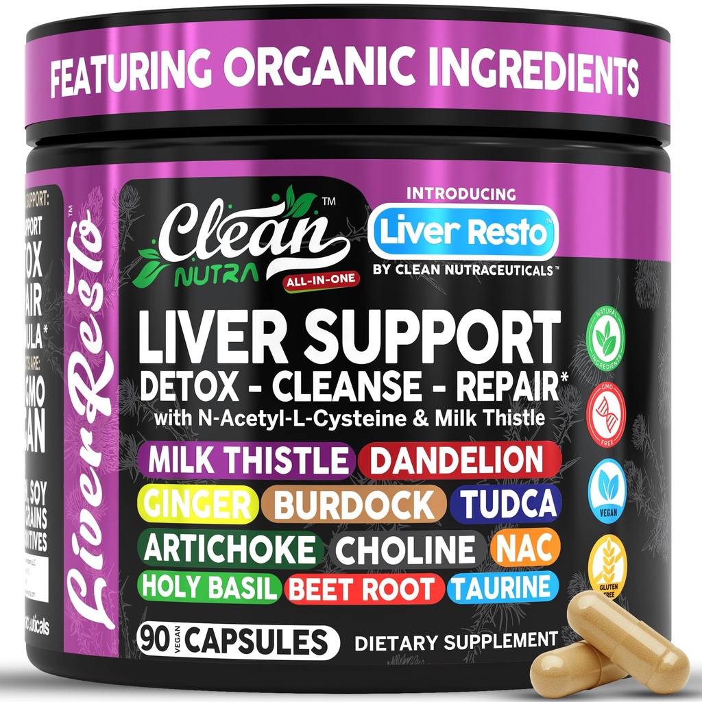 Clean Nutraceuticals Vyčištění jater Detox & Opravě124; Doplněk k mléčnému bodláku + NAC, TUDCA, Kořen pampelišky, Artyčoky, Choline, Ginger, Beet Root, Burdock, Taurin, Podpora jater 90 Kapsle