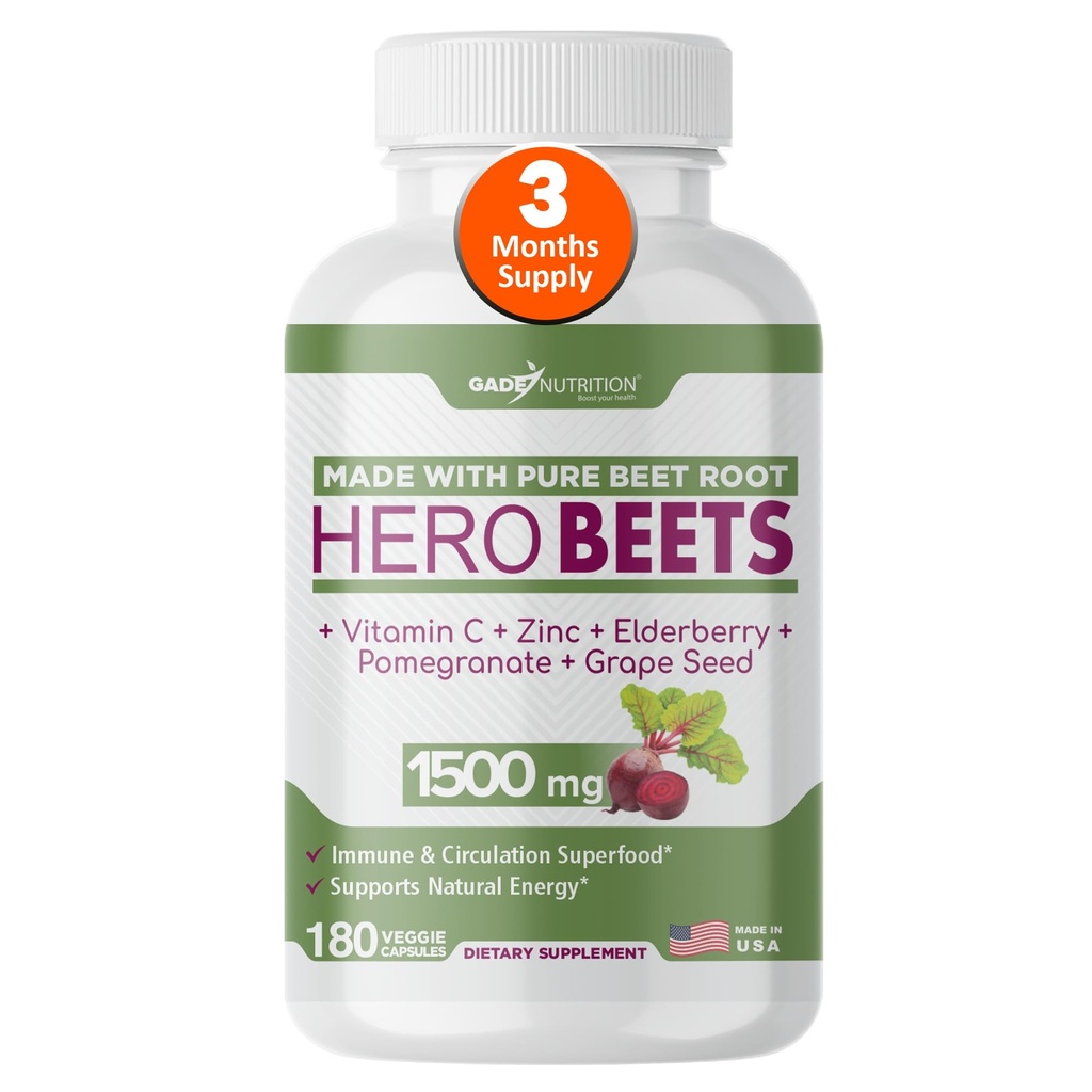 Gade Nutrition Hero Beets - Beet Root Capsules 1500mg - Organic Beet Root Powder + Vitamin C Zinek, bezinky, Grapefruity, Grape Seed Extract - 3 měsíce Dodávka
