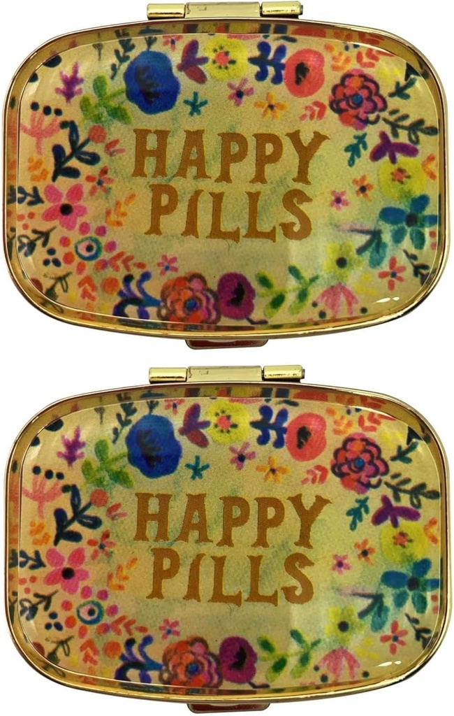 AmyZone Metal Pill Organizátor Cestování Friendly Přenosný Kompaktní Pill Box Roztomilý Pill Pouzdro pro držení vitaminů / Tylenol / Rybí olej / Doplňky / Dávky / Tablet pro kabelku / Kapsa (Happy Pills 2 ks se zrcadlem uvnitř)