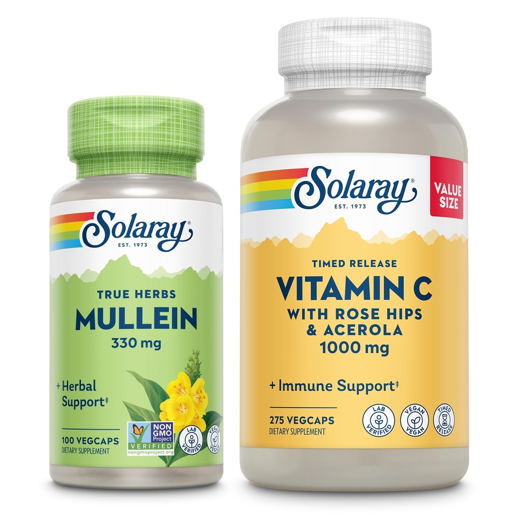 SOLARAY Vitamin C 1000mg a Mullein Leaf Wellness Bundle - Time Release Vitamin C dodatek a mullein Kapsle, Tradičně používané pro wellness podporu - Vegan, 60denní záruka, 275 / 100 VegCaps