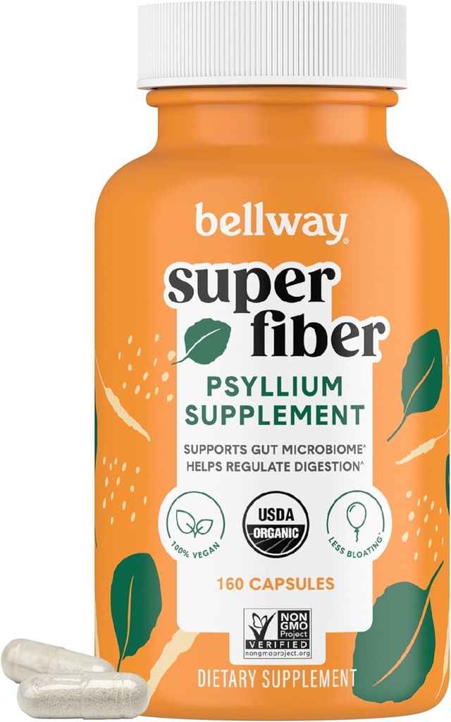 Bellway Super Fiber Kapsle - USDA Organic Psyllium Husk Kapsle - Denní Psylium Husk Fiber dodatek pro stravovací zdraví a regulaci - Plant based, Non- GMO, Kosher - 160 Kapsle