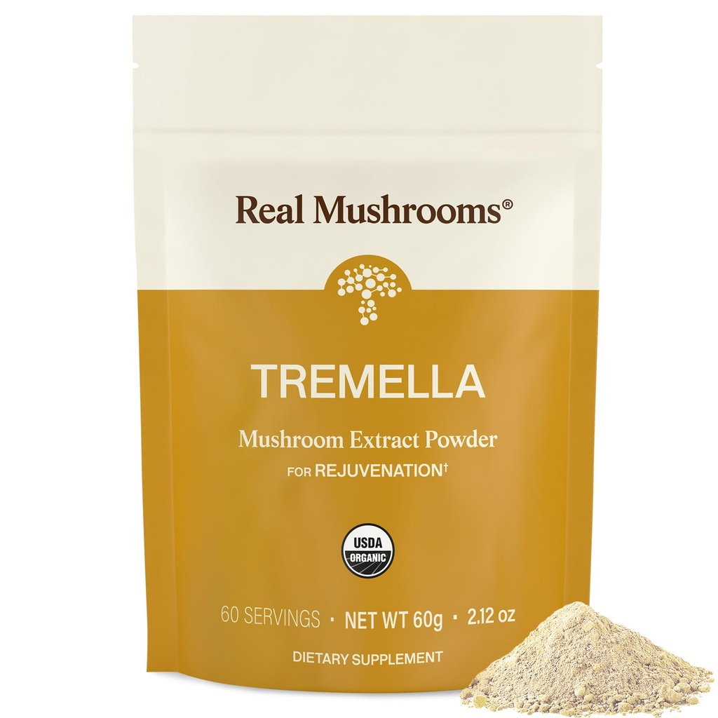 Pravé houby Tremella Houba Powder - Organic Tremella Extract from Fruiting Body - for Daily Wellness Routine - Vegan, Non- GMO, No Fillers - 60 Servings Mushroom Blend doplňky
