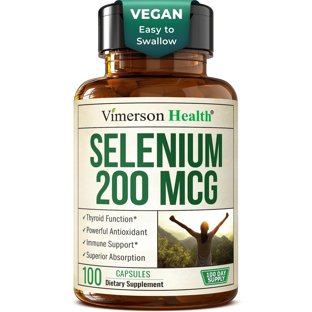 Selen 200 mcg Kapsle - High- Potency Selenium Dodatek pro štítné žlázy, Antioxidant & Imunitní Podpora - Vysoce biologicky dostupné L- Selenomethionin Essential Minerální doplňky - Vegan, 100 Kapsle