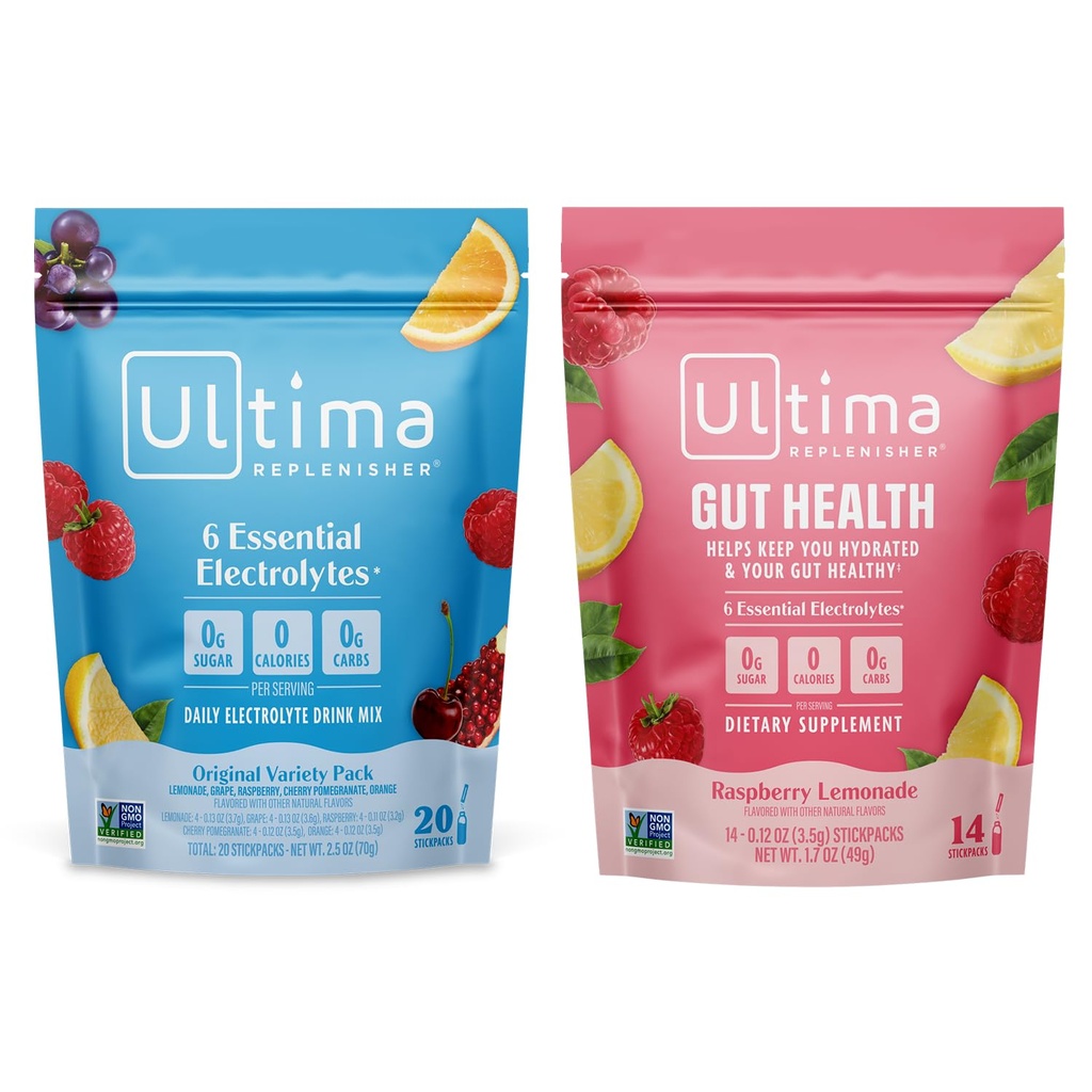 Ultima Replenisher Electrolyte Powder Drink Mix Bundle - Sugar Free - Variety, Gut Health - 20 Stickpacks, 14 Stickpacks - 6 Electrolyty a minerály - Keto Friendly, Vegan, Non- GMO