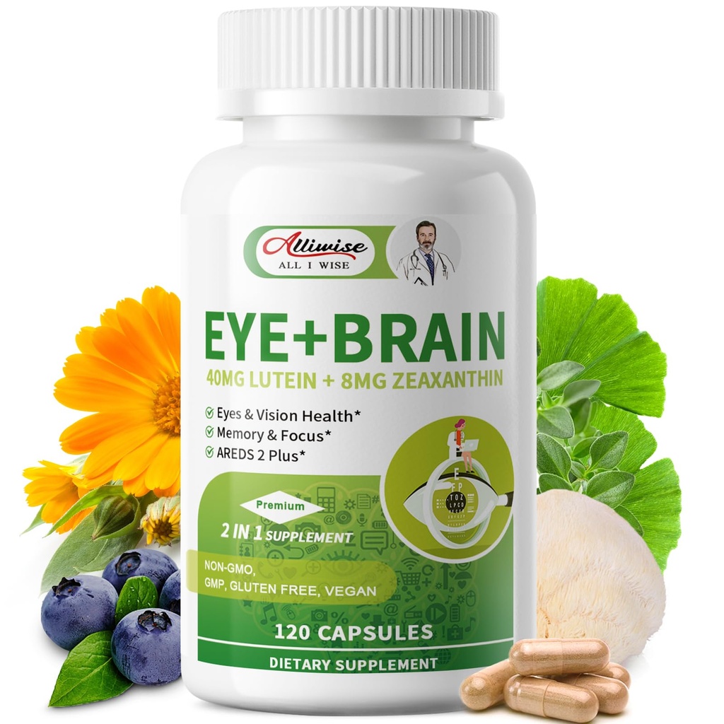 Oko + Mozkové doplňky pro paměť a zaměření, Lutein 40 mg, Zeaxanthin, Astaxanthin, Bilberry, Lví hříva, Bacopa Monnieri, Ginkgo Biloba, 14 v 1 Oční vitaminy pro dospělé a seniory 120 Kapsle