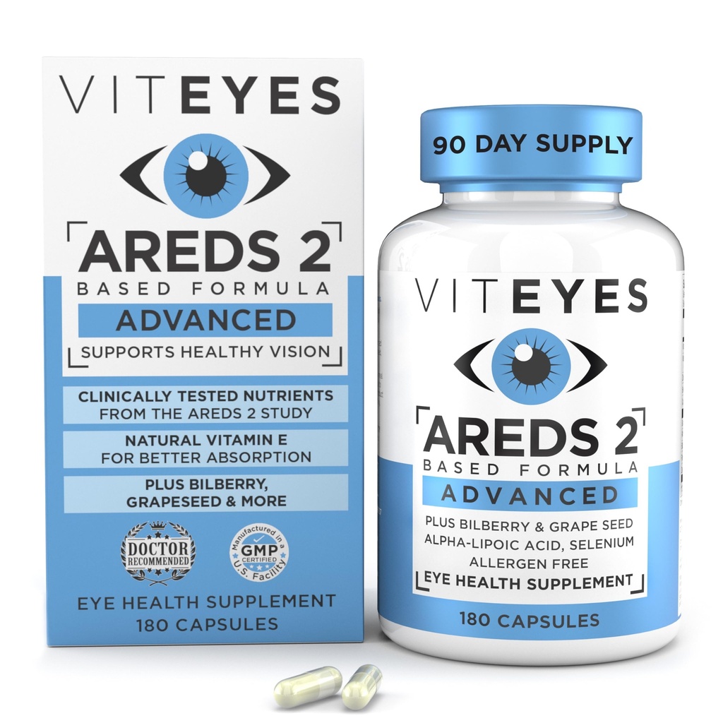 Viteyes ARES 2 Advanced oční vitaminy, makulární podpora s bilberry, grapeseed, FLORAGLO Lutein, Selen, přírodní vitamin E, Alergen zdarma, ochrana očí, Oční doktor Trusted, 180 Počet