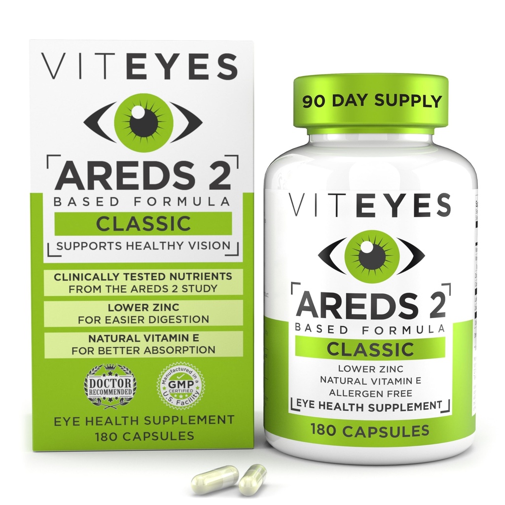 Viteyes ARES 2 oční vitamíny, Classic makulární podpora, Allergen zdarma Kapsle, s přírodní vitamín E, Vitamin C, zinek, měď, lutein & Zeaxanthin, oční doktor důvěryhodný, vyráběný v USA, 180 Ct