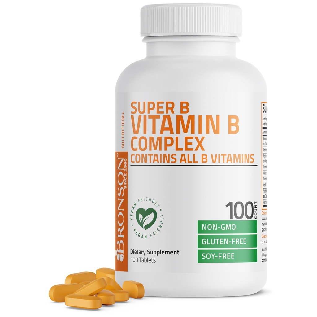 Bronsonův komplex vitaminu B (vitamin B1, B2, B3, B6, B9 - kyselina listová, B12), 100 tablet