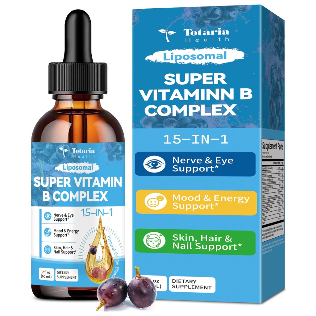 15- in-1 Lipozomální vitamin B Complex Pro, Sugar- free B Complex Drops with B1, B2, B3 Niacinamid, Cholin, B5, B6, B7 Biotin, Inositol, Folát, B12, Zinek, Lutein, Zeaxanthin, Taurin & Vit. C, 2 fl oz