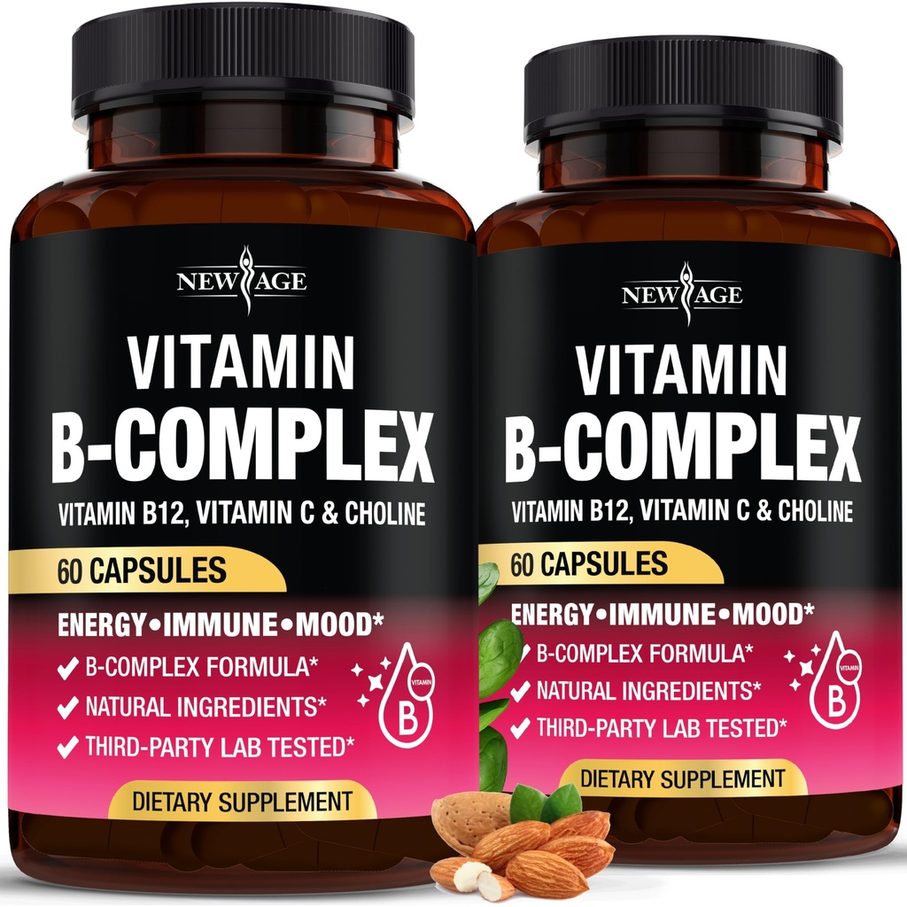 Vitamin B Complex pro muže a ženy - Made in USA - B-Complex: B1, B2, B3, B5, B6, B7, B8, B9, B12 with Vitamin C, Cholin, Inositol - Energy, Brain & Heart Supplement - 120 Vegan Kapsle