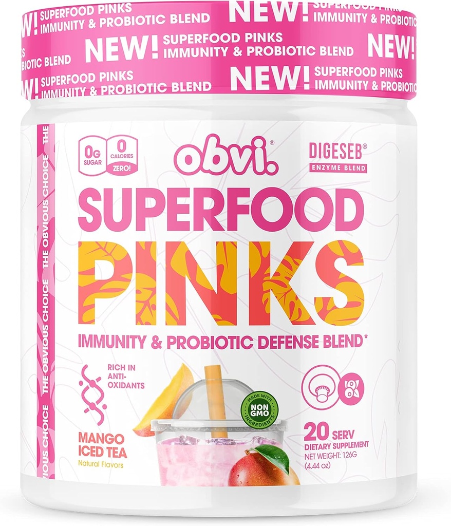 Obvi Superfood Pinks Probiotic Blend 124; Bohaté na antioxidanty, Adaptogeny, Digestive Enzyme Blend, Imunitní podpora, Gut Health 124; Keto, gluten- Free, No Sugar, 10 miliard CFU 124; Mango ledový čaj, 20 Služeb