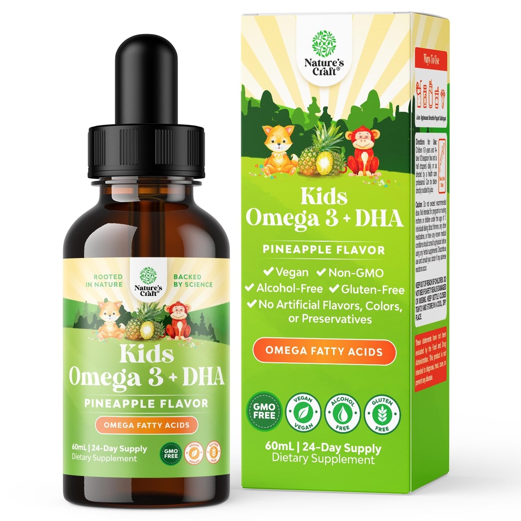 Děti DHA Omega 3 Kapky - mastné kyseliny Omega 3 6 9 pro mozek, imunitní sílu a vizi - Nutriční DHA pro děti pro zdravý nervový systém a podporu soustředění - Tekutý dodatek s EPA & ALA - 2 Fl Oz