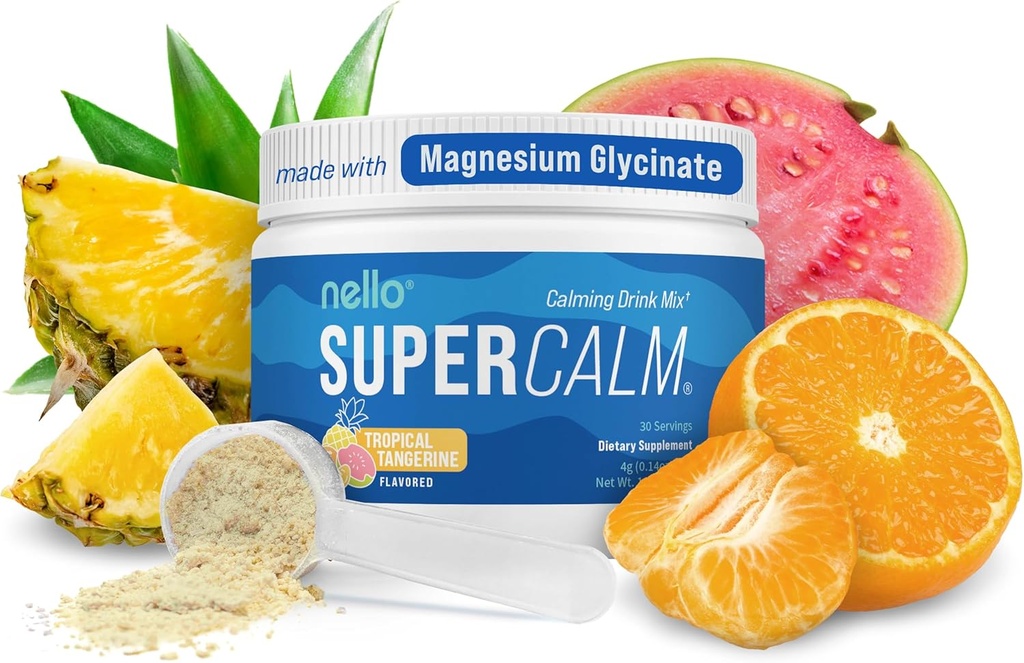 Nello Supercalm Powdered Drink Mix, Tropical Tangerine, L Theanine, Ksm- 66 Ashwagandha, Magnesium Glycinát, Vitamin D 3, doplňky pro relaxaci a soustředění, přírodní, Ne cukr, non GMO, 30 Srvg