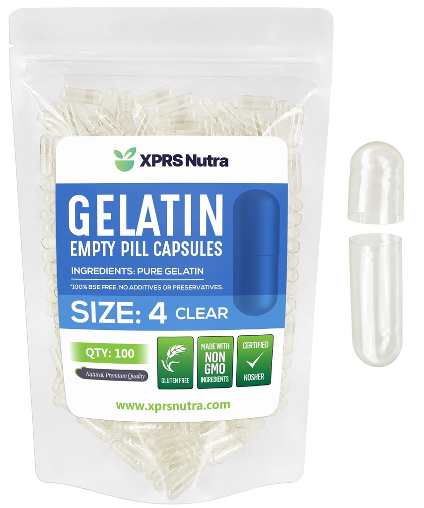 XPRS Nutra Velikost 4 Prázdné kapsle - 100 Počet malých čiré prázdné želatiny Kapsle - Prášky DIY Kapsle Plnidlo - Vyplnitelné čisté Bovine Pill Gel Caps pro Do- It- Vlastní doplňky