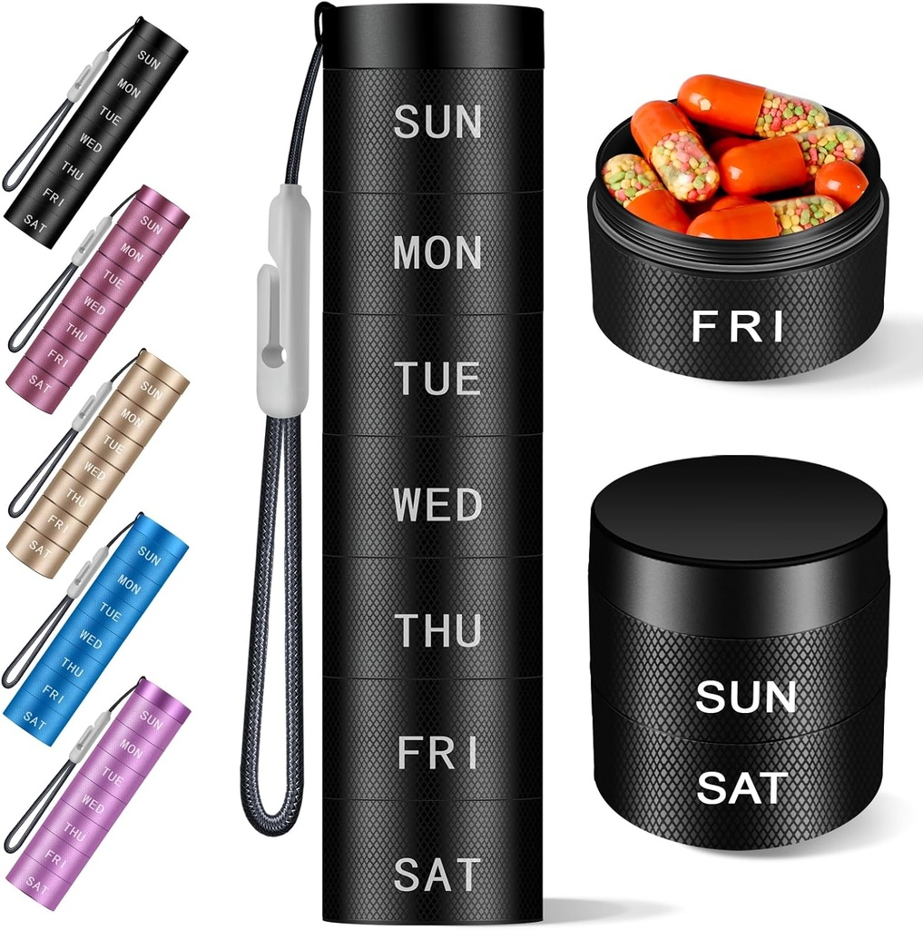 Hliníkový cestovní pilulka Organizátor, Týdenní Kovová pilulka Pouzdro, Držák pilulek, Moisture Proof Vodotěsný Denní Pill Box 7 Day, Velký Pill Kontejner na držení vitaminů, Léky, Příslušenství Black Knurling