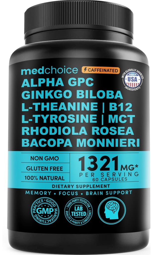 12- in-1 Nootropní doplněk mozku s kofeinem Bezvodý: Ginkgo Biloba pro podporu mozku, paměti a zaměření - B12, Alpha GPC, L Theanine a Choline doplňky s bioperine 1321mg (60ct)