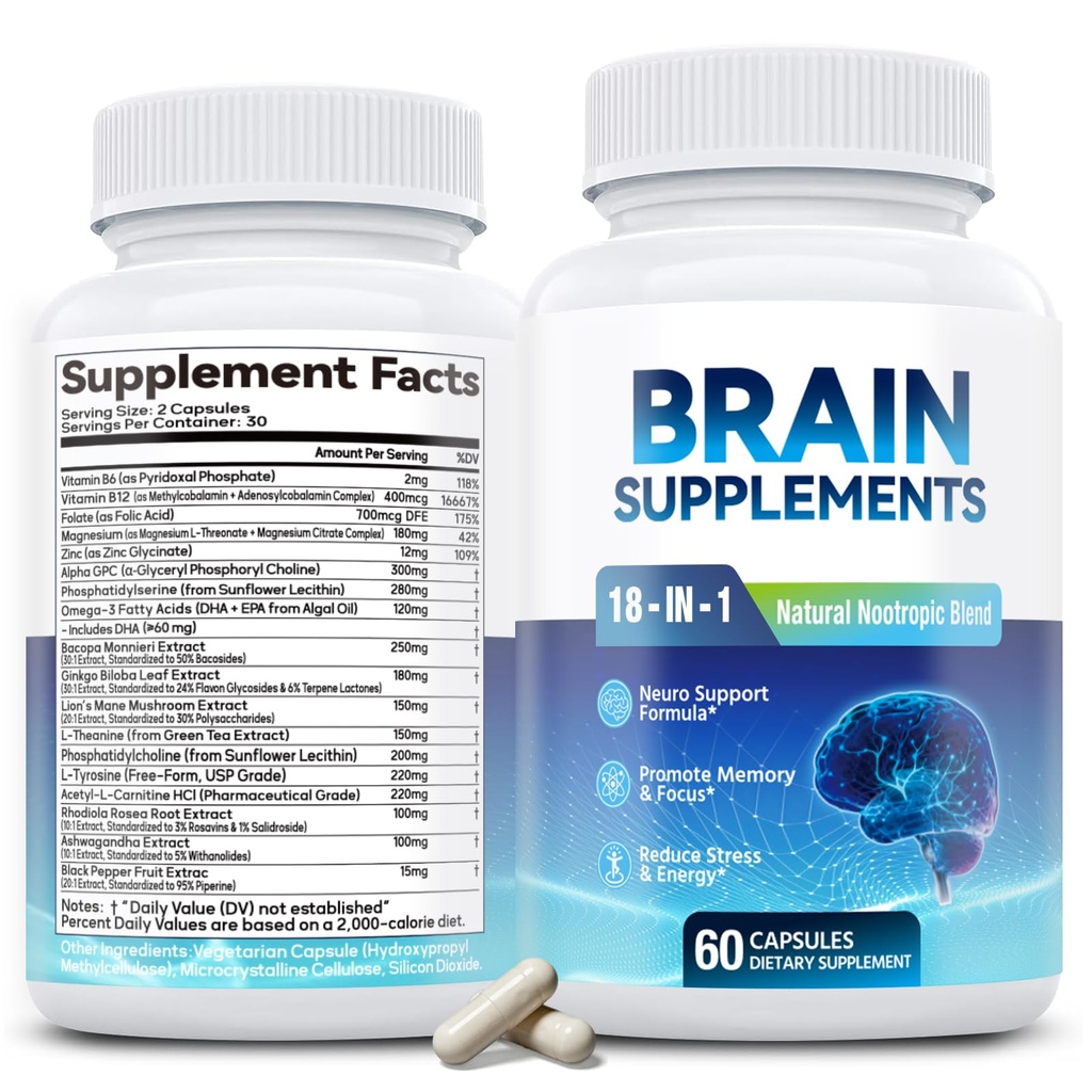 18- in-1 Brain Supplement for Memory and Focus - Nootropní kapsle s Alpha GPC, Bacopa, Ginkgo Biloba, Lion 's Mane, Vitamin B6 & B12 CLAS124; Cognitive Health, Mental Clarity CLAS124; Vegan, Non-GMO