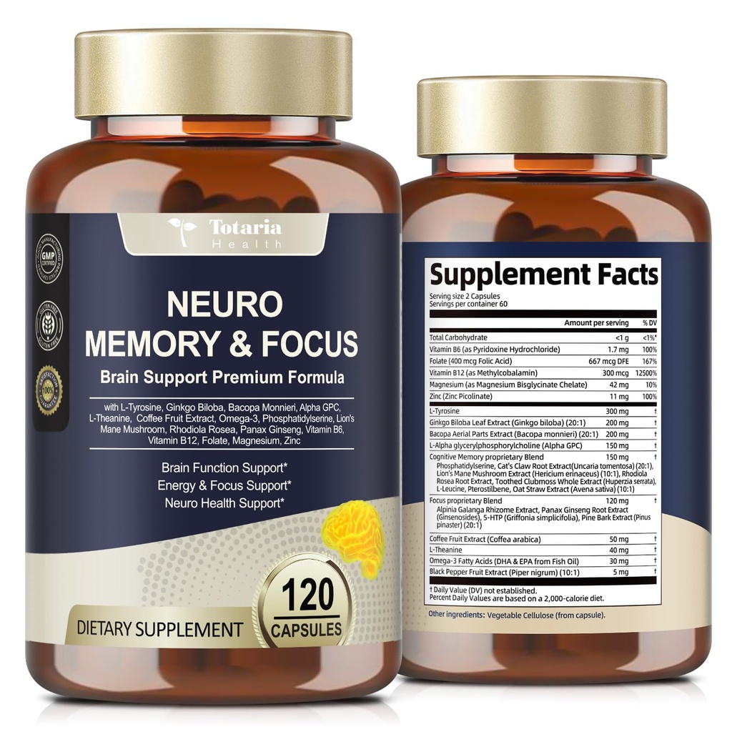 Totaria Brain doplňky pro paměť a zaměření, Brain Health s L- Tyrosin, Alpha GPC, Ginkgo Biloba, Bacopa Monnieri, Nootropní kognitivní podpora - Non- GMO, gluten zdarma (120 Counts)