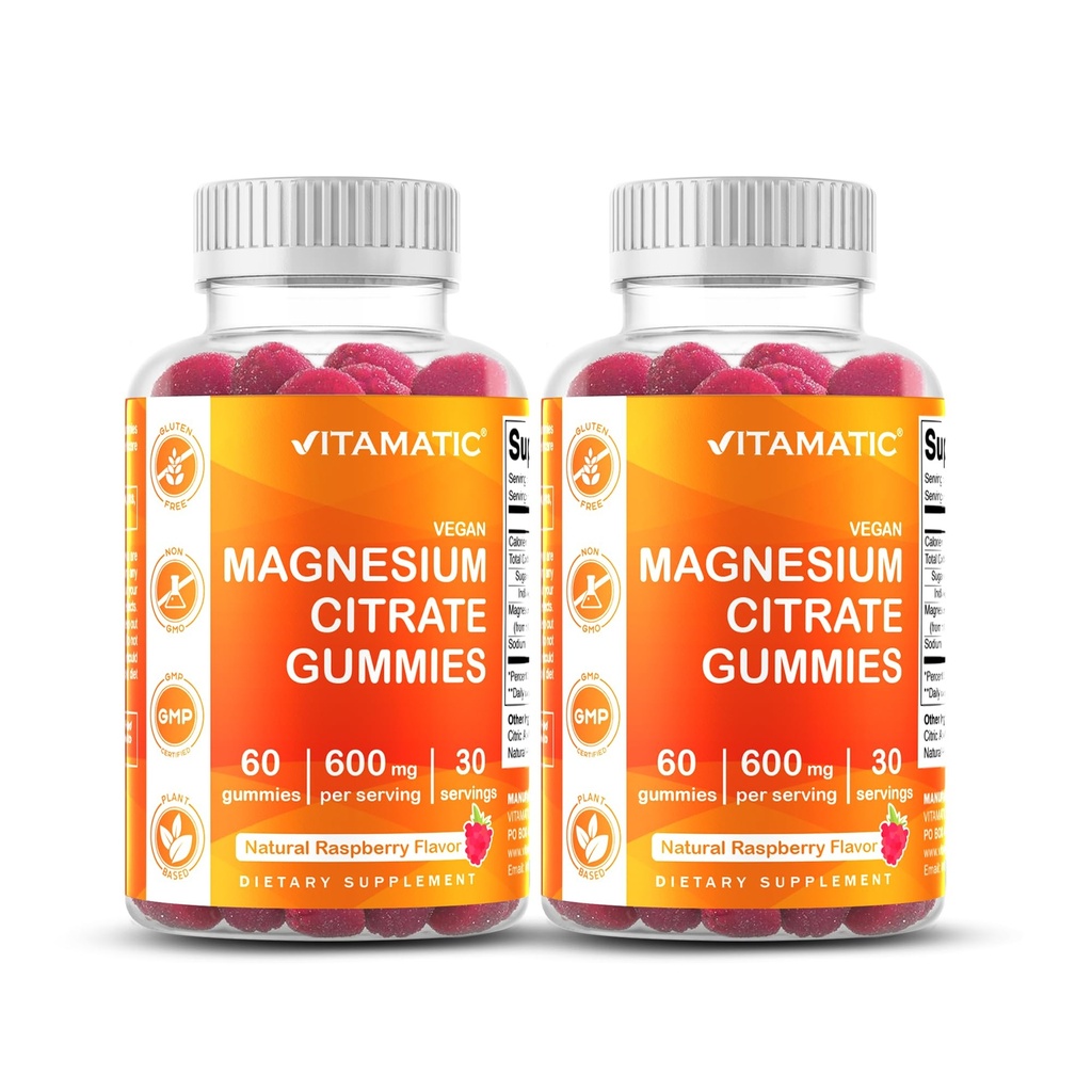 Vitamatic Magnesium Citrátové gumy 600 mg na servírování - 60 Počet - Podporuje zdravé relaxace, svalů, kostí a energie (balíček 2)