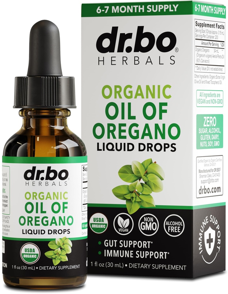Oregano Oil Organic Liquid Drops - 6 Měsíční dodávky Organický olej oregano Drops Liquid Tincture Extract, Cleanse, Detox, Imunitní podpora, Divestious Gut Health - Čistý Vegan Non- GMO Bylinné tinktury 1 oz