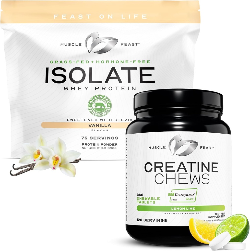 Muscle Feast Isolate + Creatine Candy Bundle: 1 Syrovátkový proteinový izolát (Vanilla, 5lb) + 1 Creatine Candy (Lemon Lime, 360) Yellow 124; Premium doplňky, Vegetariánské, gluten zdarma