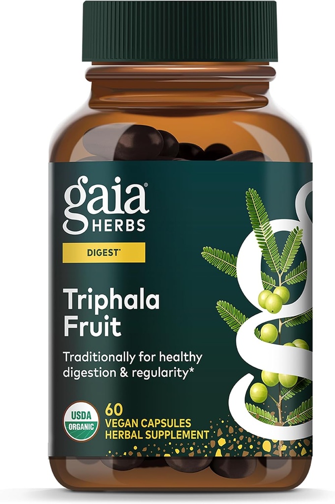 Gaia Byliny Triphala Ovoce - Podporuje trávicí zdraví - Jemně čistí Váš systém * - s Amla Fruit, Belleric Myrobalan, a Chebulic Myrobalan - 60 Vegan Kapsle (30- Day Supply)