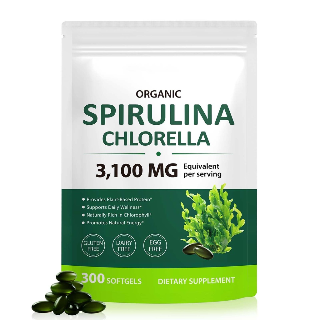 Tiuedu Spirulina Chlorella Softgels 300 Kapsle, 17 v 1 Green Nutrient Blend Spirulina Chlorella Softgels, Bohatá v rostlinném proteinu, Vitamíny, Chlorofyl, Snadno vzít Softgel