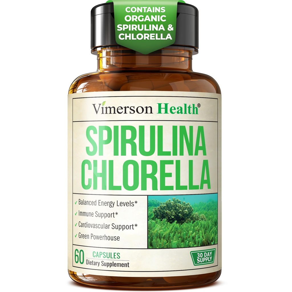 Organic Spirulina a Chlorella Kapsle - Spirulina Kapsle s Chlorella Powder pro imunitní, antioxidant a podporu energie. Výživné Super Green. Vegan & Non-GMO. Třetí strana testována. 60 Caps